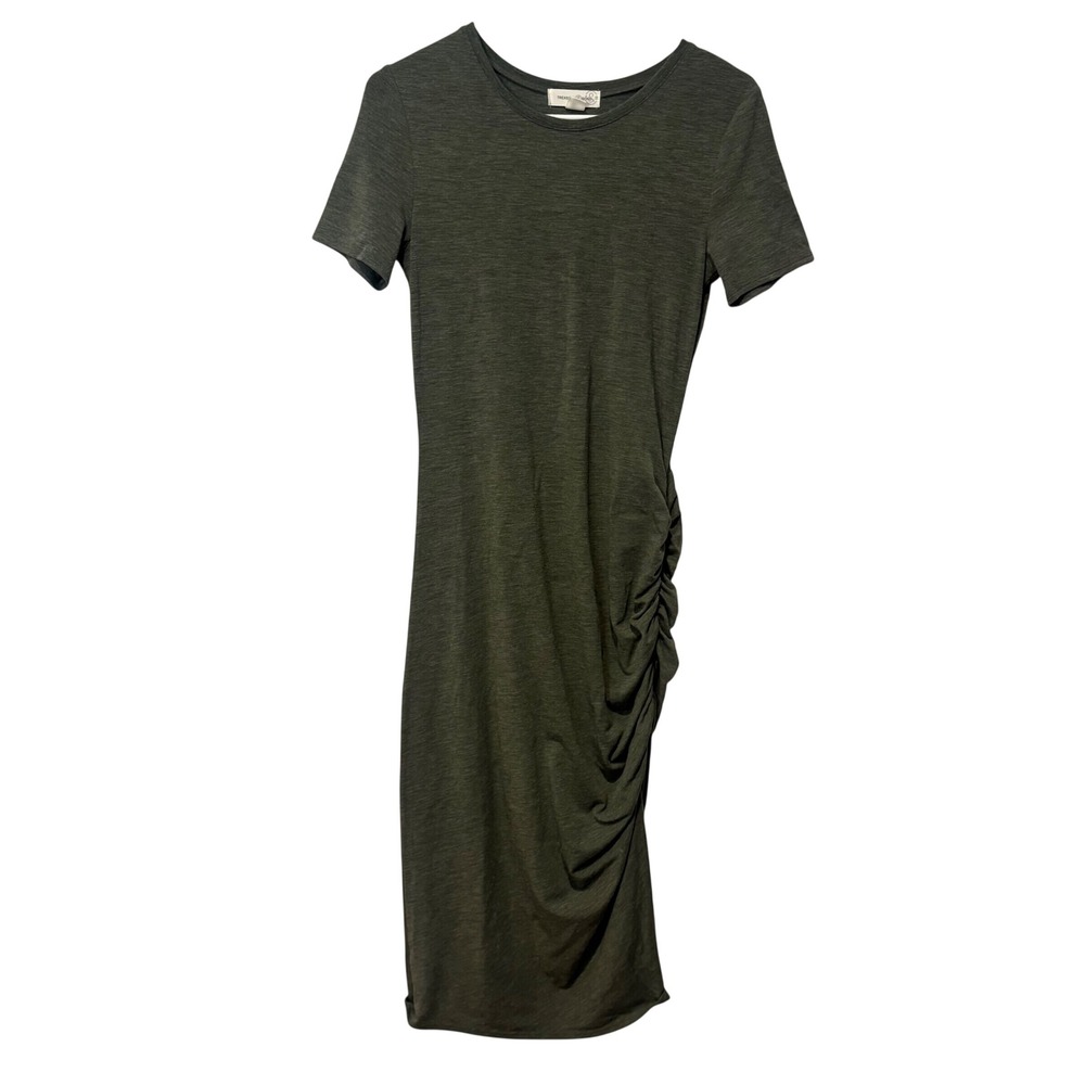Treasure & Bond Ruched Side Dress Womens XS Olive Green Short Sleeve Midi Knit